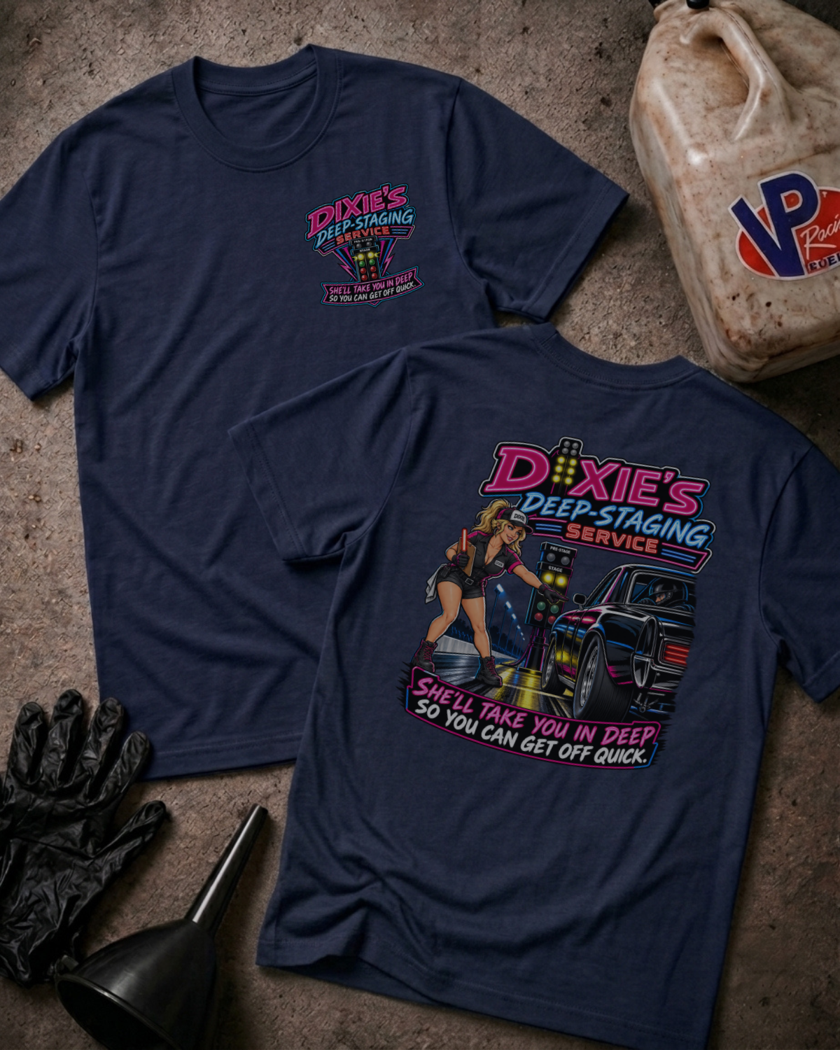 Navy Dixie’s Deep Staging Service drag racing T-shirt showing front pocket and large back graphics