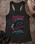  Flat lay of a solid black Drag Mom Racing racerback tank with a drag racing graphic