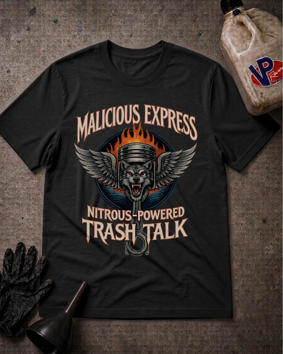 A black graphic t-shirt laid flat on a textured gray surface, surrounded by racing-themed props including a black glove, a funnel, and a plastic jug. The shirt features a graphic of a wolf piston  with wings and flames, with the text 'MALICIOUS EXPRESS' and 'NITROUS-POWERED TRASH TALK'.