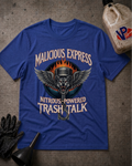 A royal blue graphic t-shirt laid flat on a textured gray concrete surface, surrounded by racing-themed props including an oil bottle, a black glove, a funnel. The shirt features a graphic of a wolf with wings and a piston, with the text 'MALICIOUS EXPRESS' and 'NITROUS-POWERED TRASH TALK'.