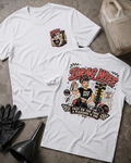 Front and back of Drag Wife white T-shirt with chest logo, woman holding a pit pass beside drag racing lights, and “Fast on the tree, a pleasure is she” slogan.