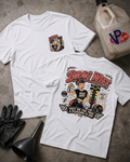 Two white graphic T-shirts laid flat on a gray concrete-style surface, showing the front and back designs. The front has a small circular 'DRAG WIFE' chest graphic, and the back has a large colorful illustration with the text 'DRAG WIFE'  and 'FAST ON THE TREE A PLEASURE IS SHE'.