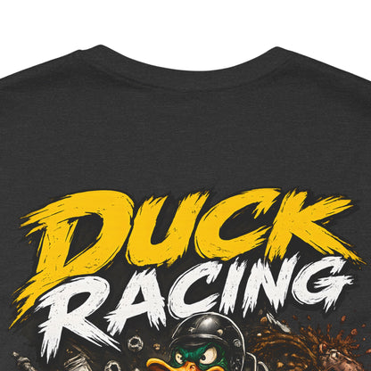 Dark grey heather t-shirt with 'Duck Racing' text and duck graphic on a white background