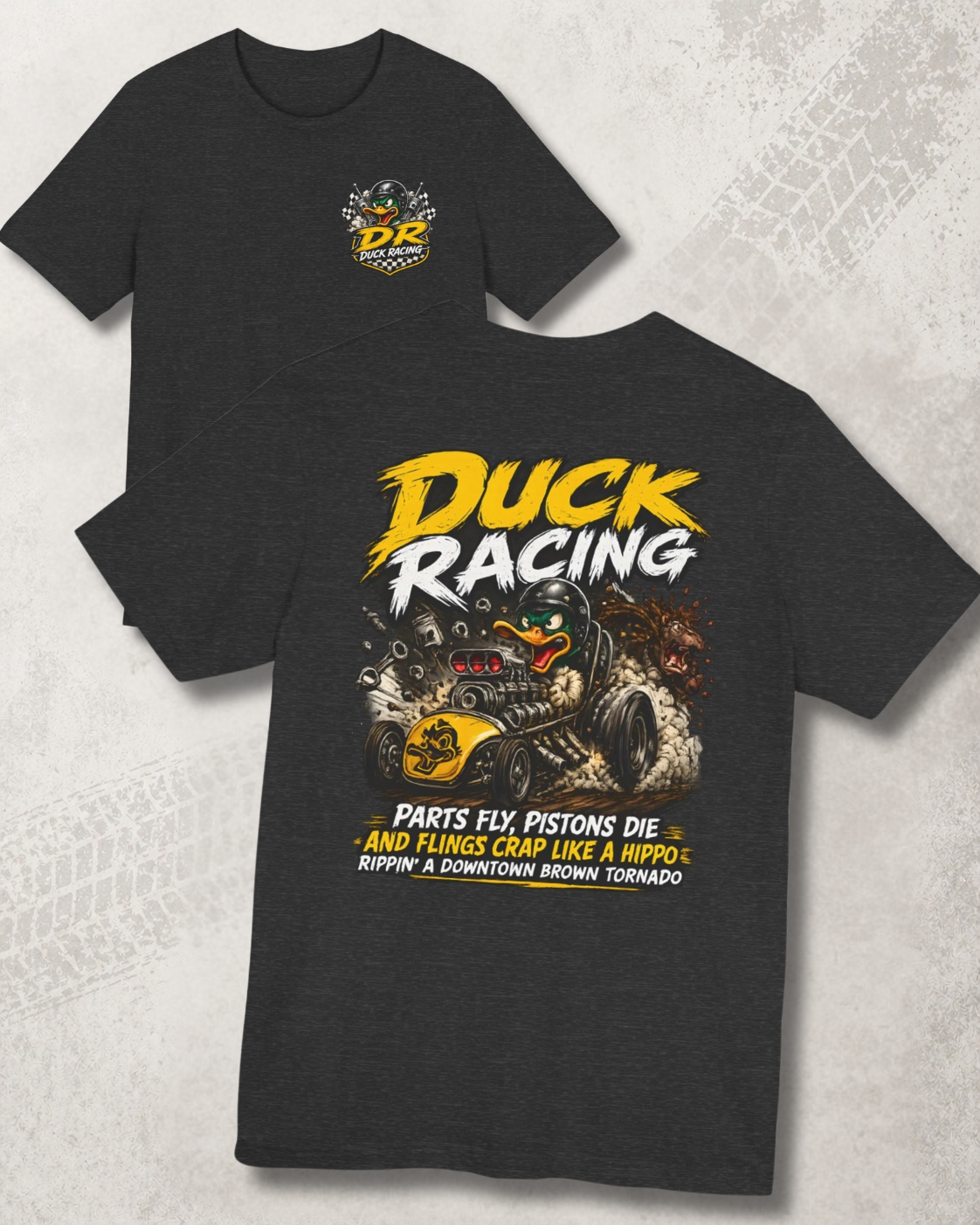 Dark grey heather t-shirt with 'Duck Racing' graphic design on a textured gray background