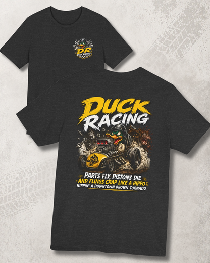 Dark grey heather t-shirt with 'Duck Racing' graphic design on a textured gray background