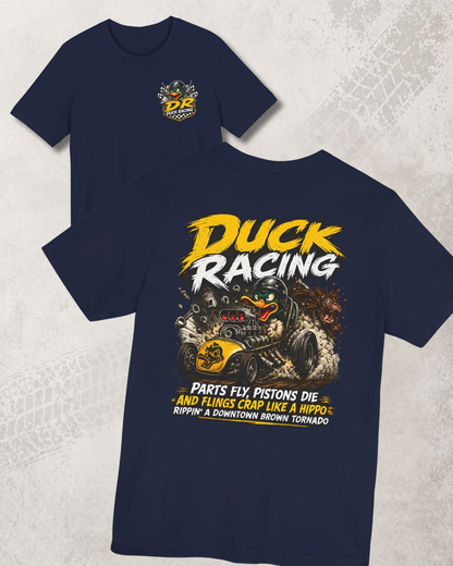 Navy blue t-shirt with 'Duck Racing' graphic design on a textured white background
