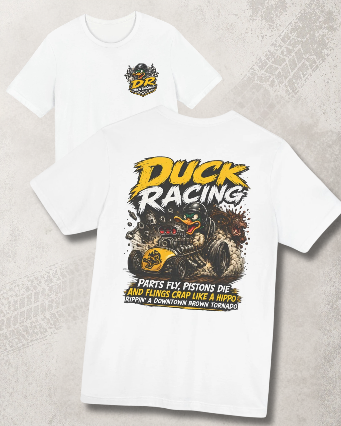 White t-shirt with duck racing graphic design on a light gray background