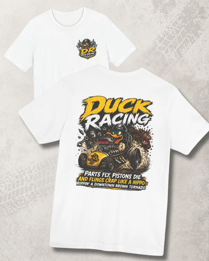 White t-shirt with duck racing graphic design on a light gray background