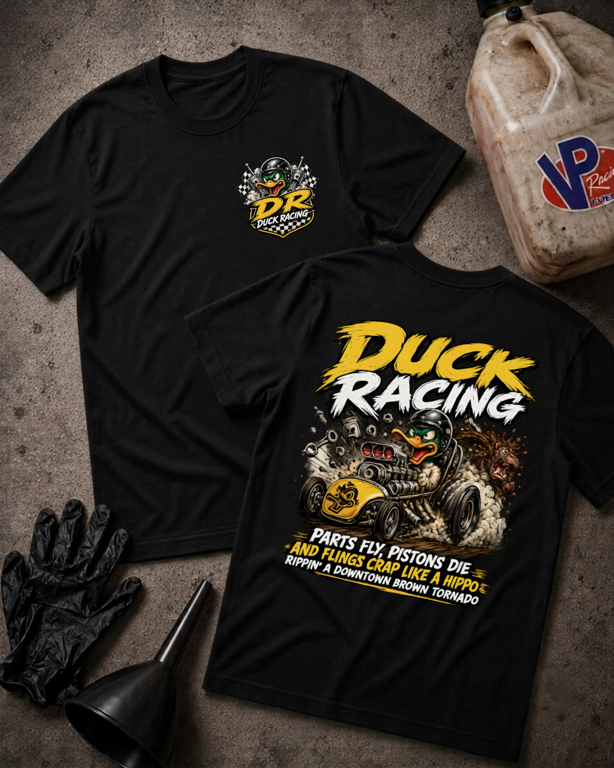 Two black short-sleeve t-shirts laid flat on a textured gray surface, showing the front and back graphics. The front has a small yellow and white chest logo reading DR Racing.