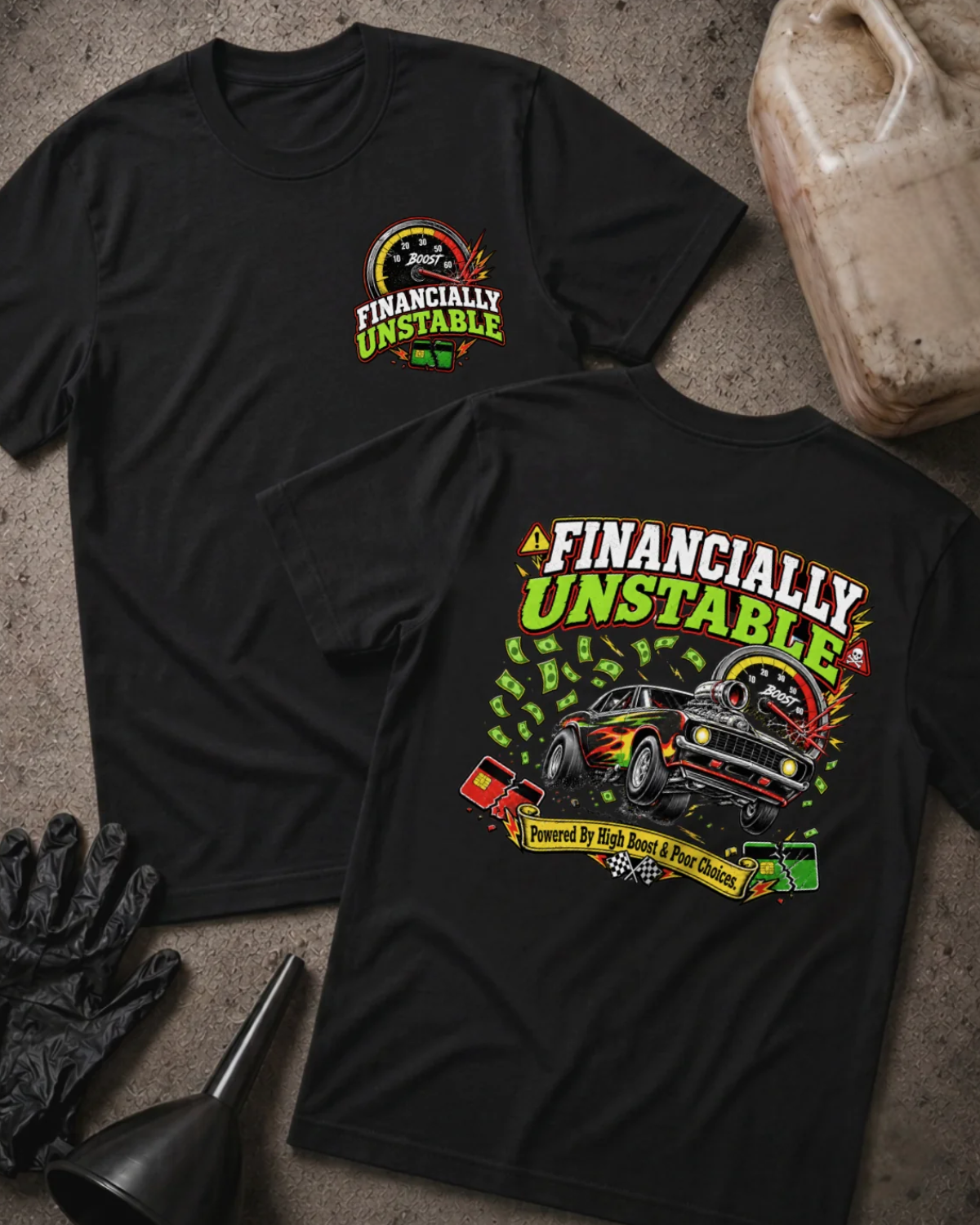 Front and back of Financially Unstable black T-shirt with chest logo, flame-painted muscle car, boost gauge, flying cash, and “Powered by high boost & poor choices” slogan.