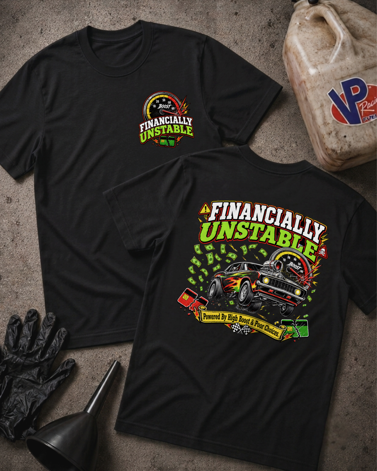 Two black graphic T-shirts laid flat on a gray concrete surface, framed by mechanic styling props including a VP Racing jug, black gloves, and a funnel. The front shirt displays a small circular left-chest logo reading "FINANCIALLY UNSTABLE," while the back shirt features a large multicolor drag racing car graphic with bold "FINANCIALLY UNSTABLE" text and "Powered By High Boost & Poor Choices" printed below.