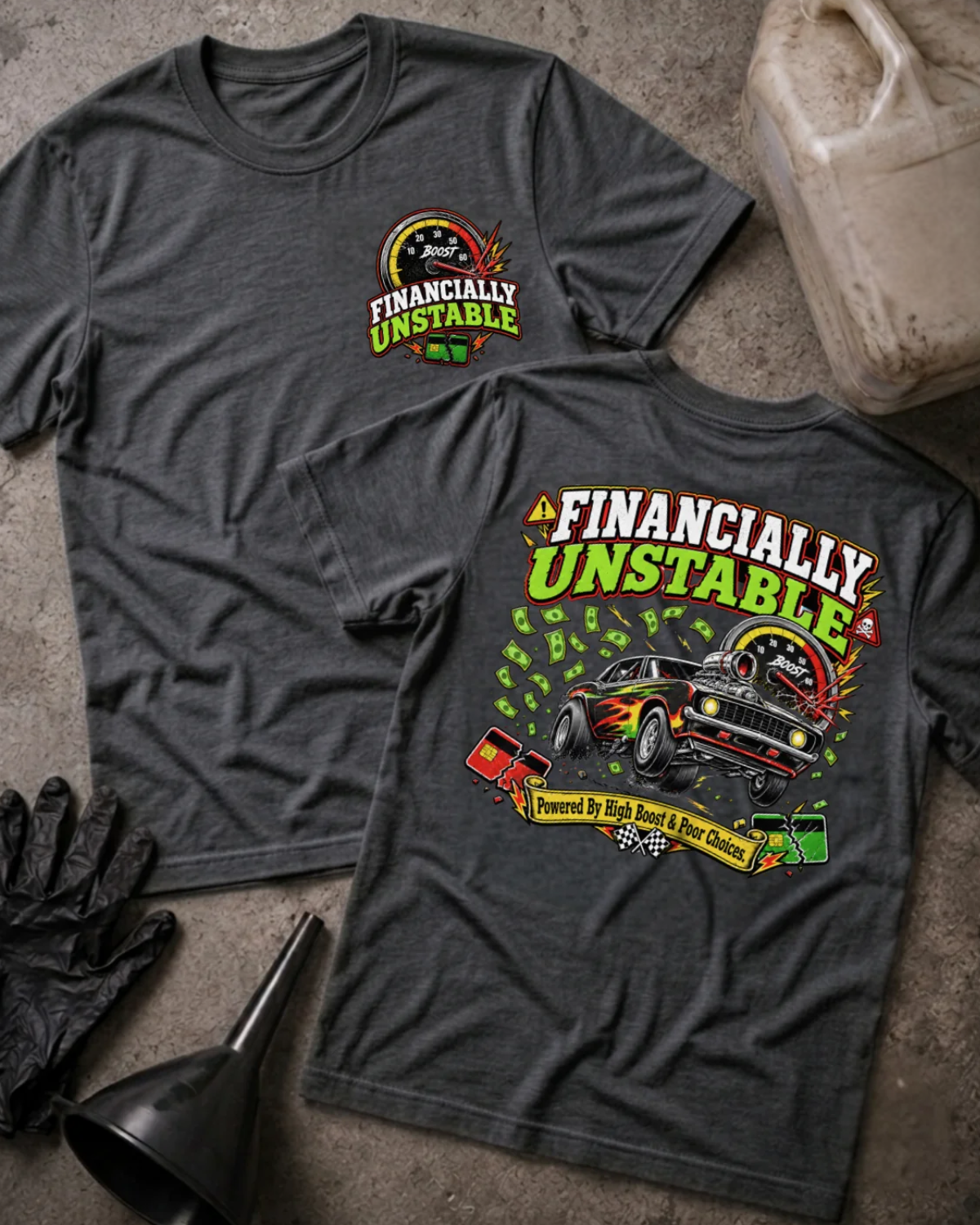 Front and back of Financially Unstable dark grey heather T-shirt with chest logo, flame-painted muscle car, boost gauge, flying cash, and “Powered by high boost & poor choices” slogan.