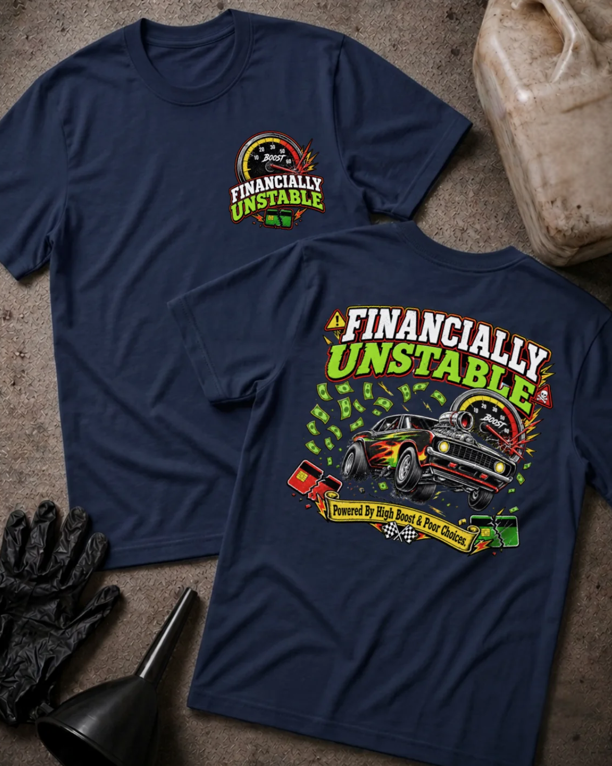 Front and back of Financially Unstable navy T-shirt with chest logo, flame-painted muscle car, boost gauge, flying cash, and “Powered by high boost & poor choices” slogan.