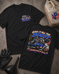 Black t-shirt with a left chest emblem with 'GIVE IT ALL THE BOOST' text on the front and a drag racing themed graphic and 'GIVE IT ALL THE BOOST' and 'OR WATCH IT BLOW ON THE LINE' text on the back