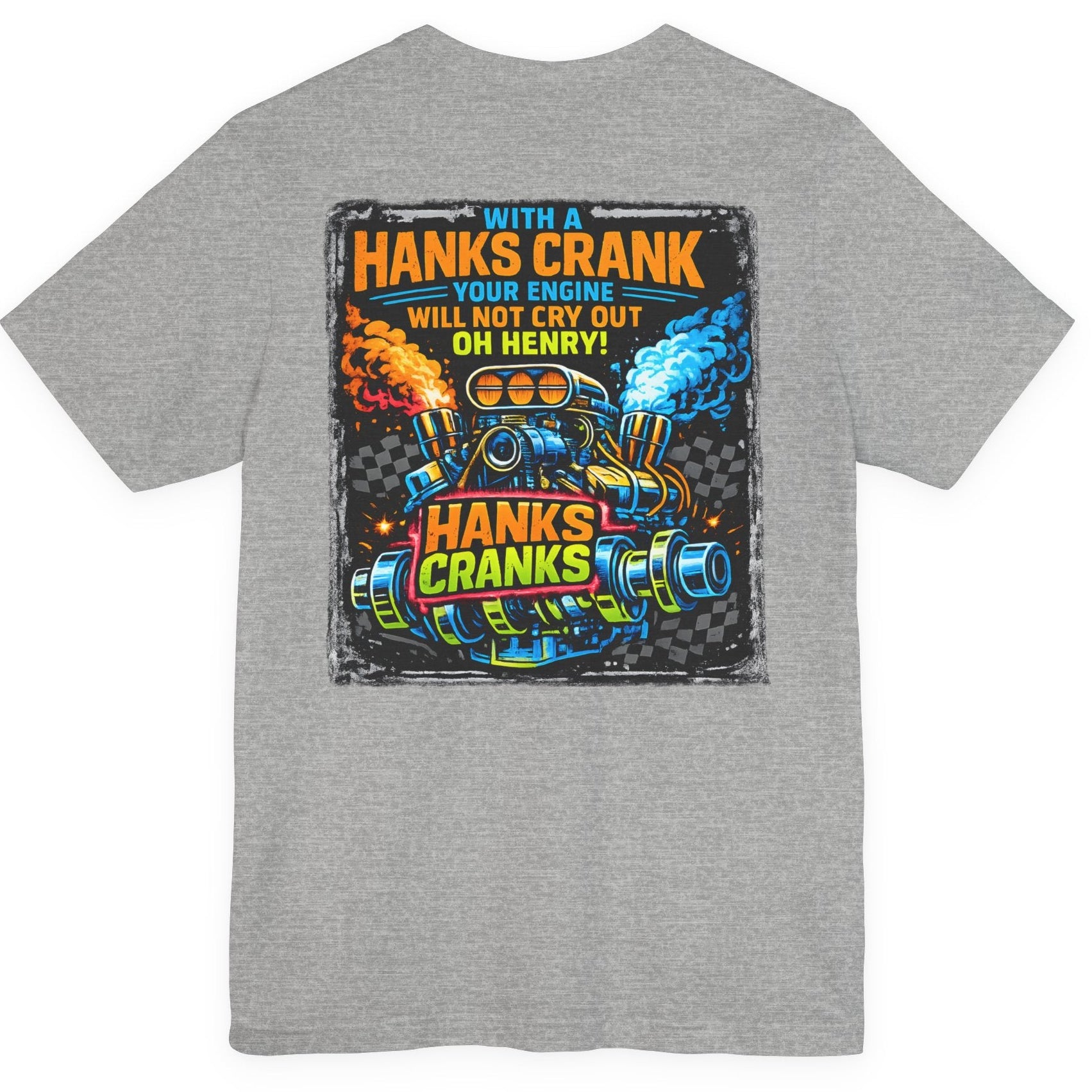 Athletic heather Hanks Cranks drag racing t-shirt flat lay showing large back graphic with supercharged engine illustration.