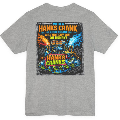 Athletic heather Hanks Cranks drag racing t-shirt flat lay showing large back graphic with supercharged engine illustration.