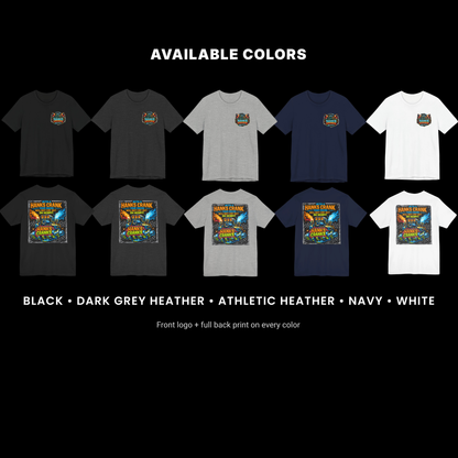 Hanks Cranks drag racing t-shirt available in black, dark grey heather, athletic heather, navy, and white with front logo and full back print.