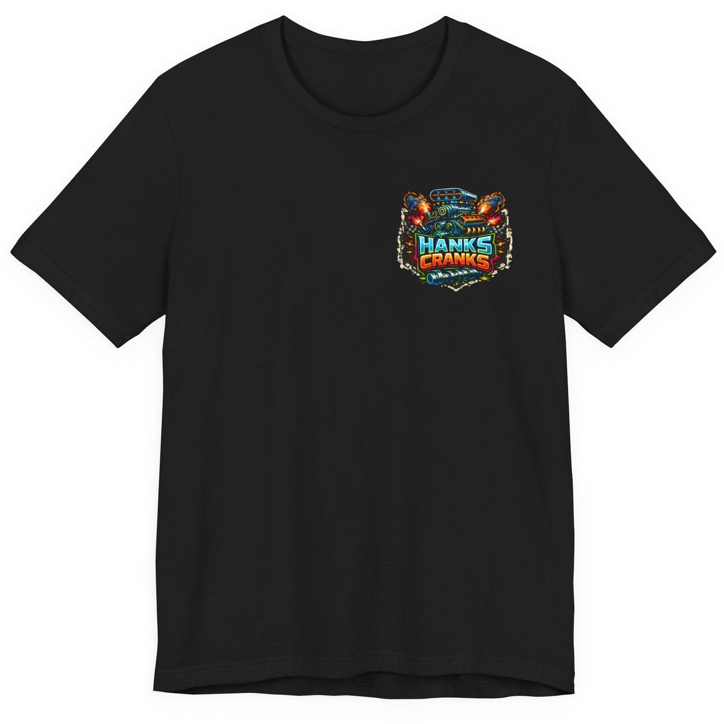 Black Hanks Cranks motorsports t-shirt flat lay showing small front chest logo.