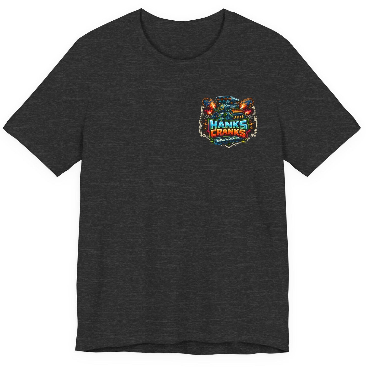 Dark grey heather Hanks Cranks drag racing t-shirt flat lay with small front logo.