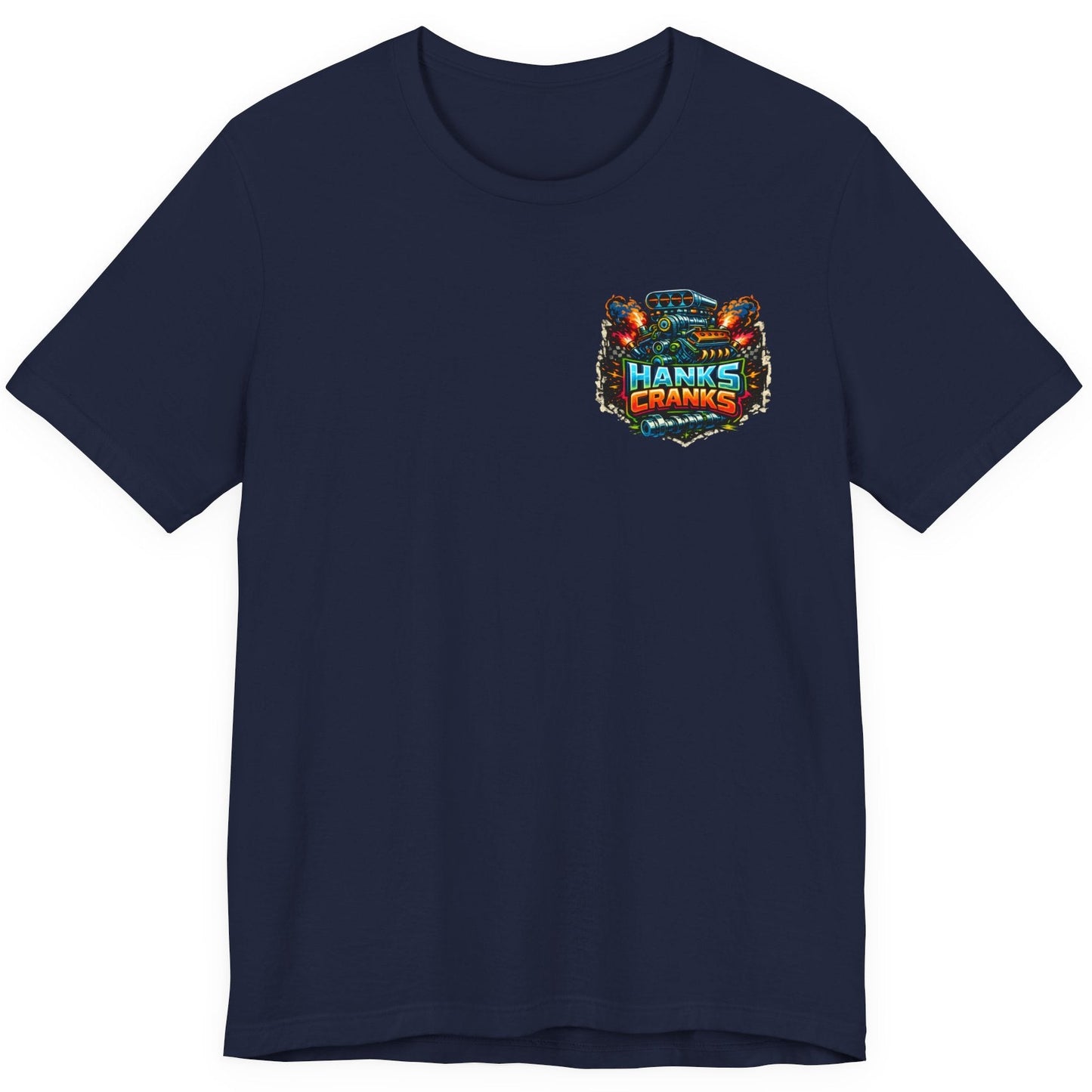 Navy Hanks Cranks drag racing t-shirt flat lay showing small front chest logo.