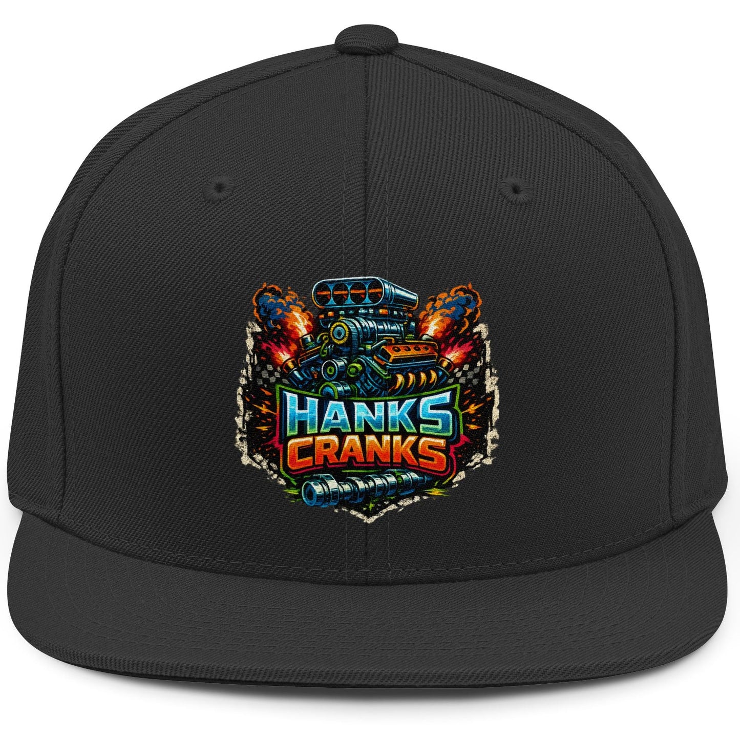 Black cap with colorful 'Hanks Cranks' logo on a white background