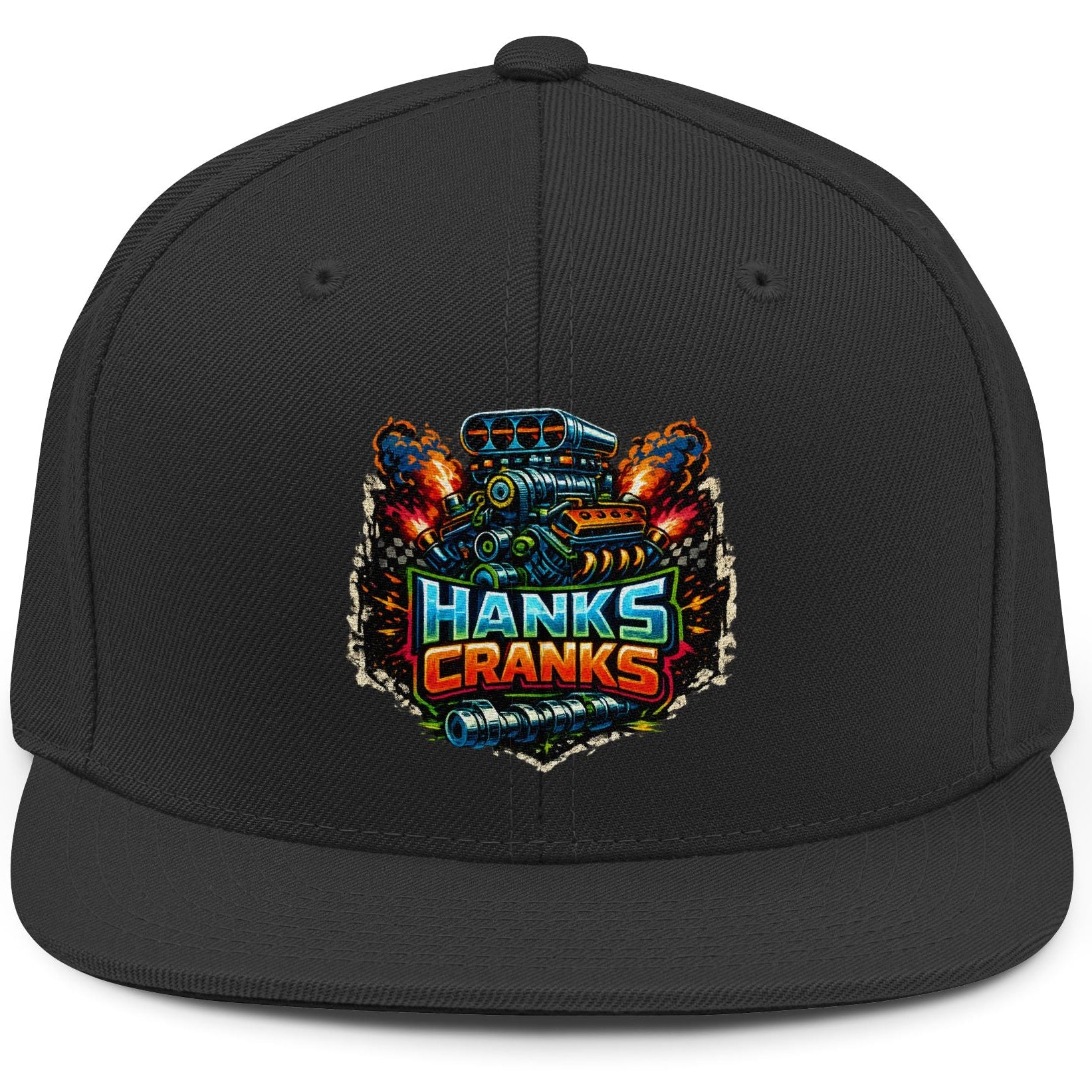 Black cap with colorful 'Hanks Cranks' logo on a white background