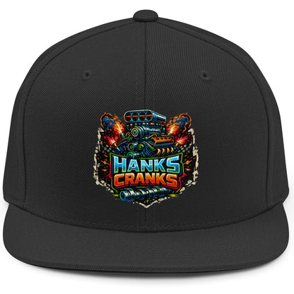 Black cap with colorful 'Hanks Cranks' logo on a white background