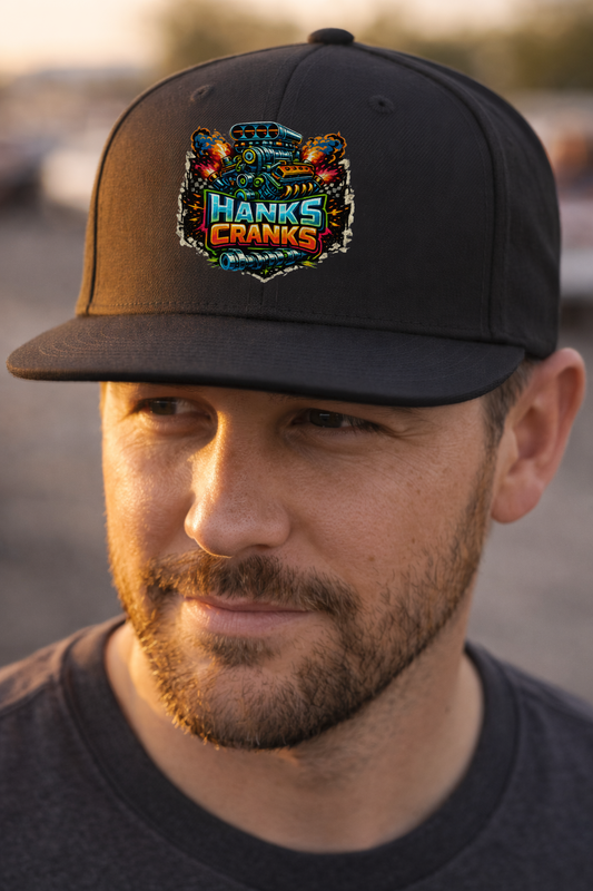 Man wearing a black cap with 'Hank's Cranks' logo, blurred background