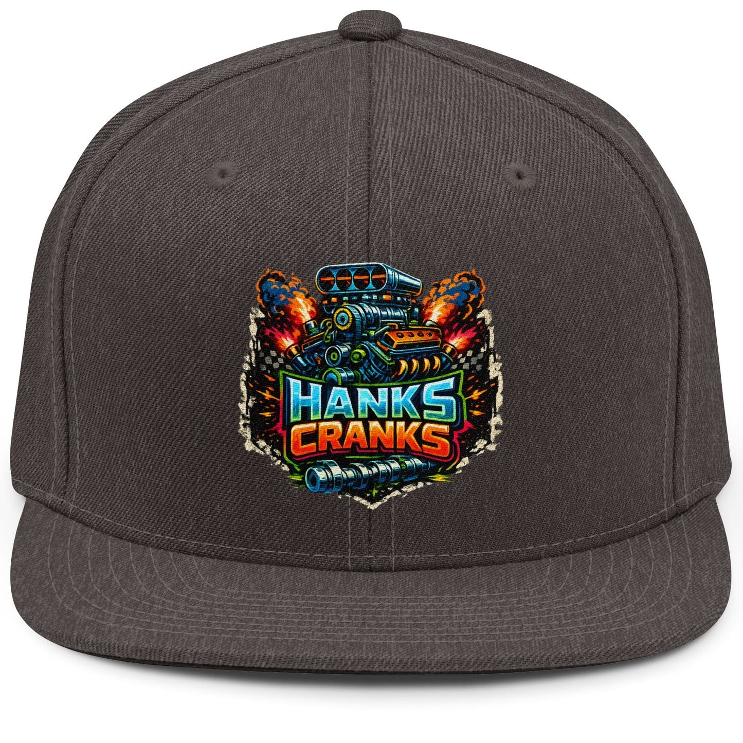 Dark gray cap with colorful 'Hanks Cranks' logo on a white background