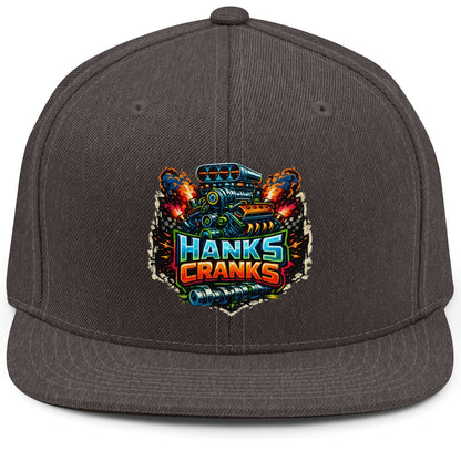 Dark gray cap with colorful 'Hanks Cranks' logo on a white background