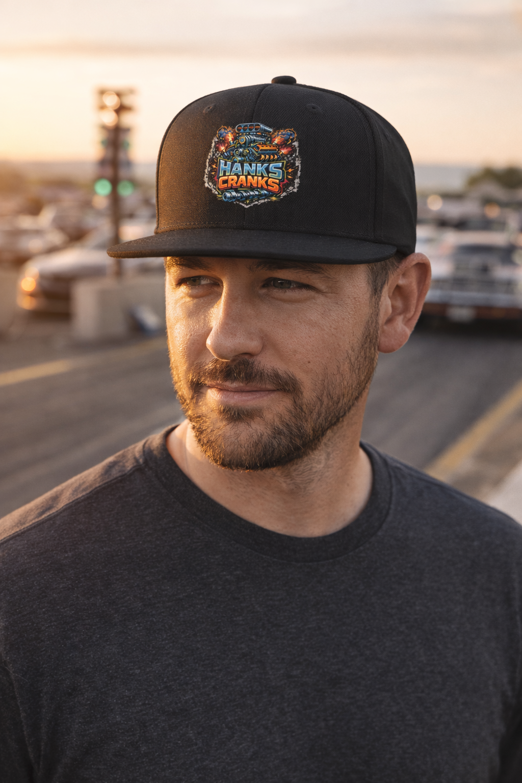 Man wearing a black cap with a Hanks Cranks logo, standing trackside at a drag race during sunset.