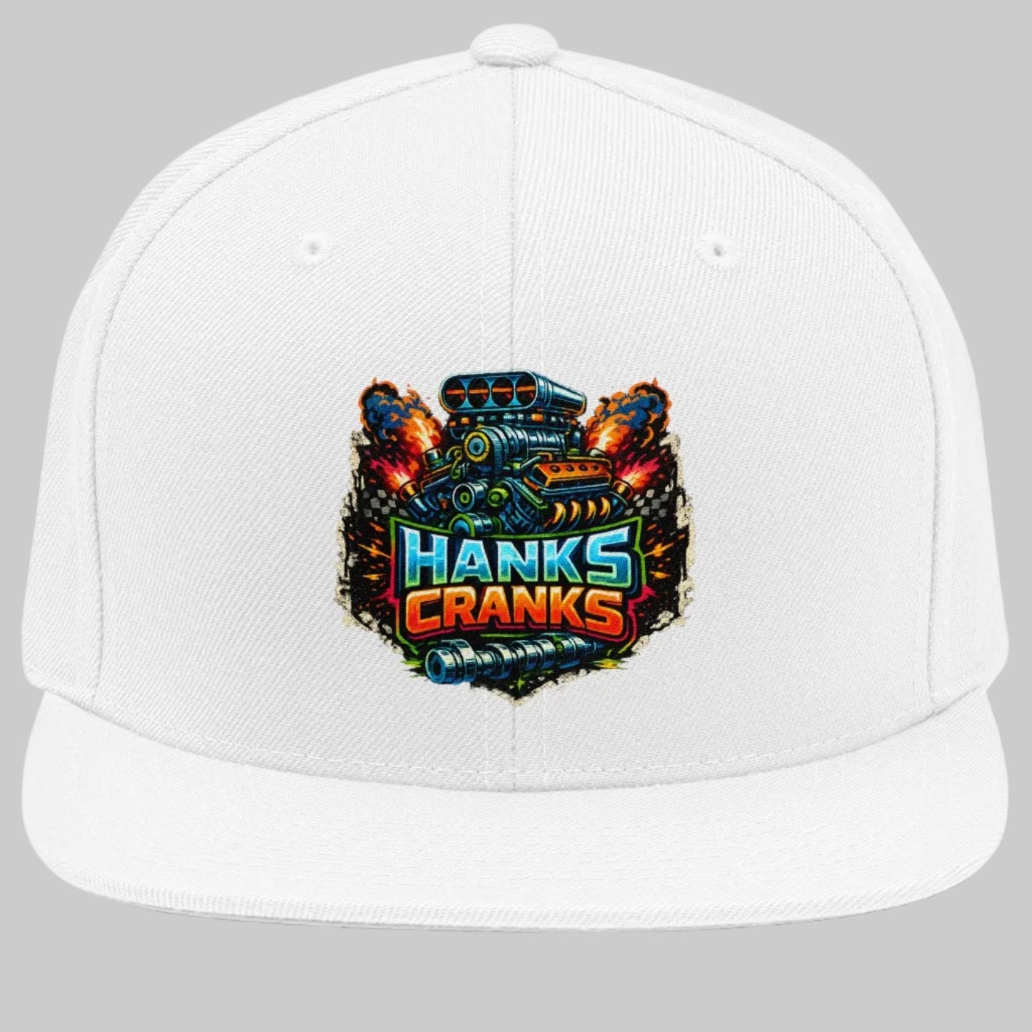 White cap with colorful 'Hanks Cranks' logo on a white background