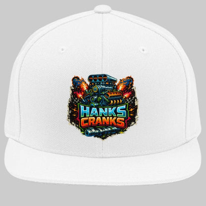 White cap with colorful 'Hanks Cranks' logo on a white background