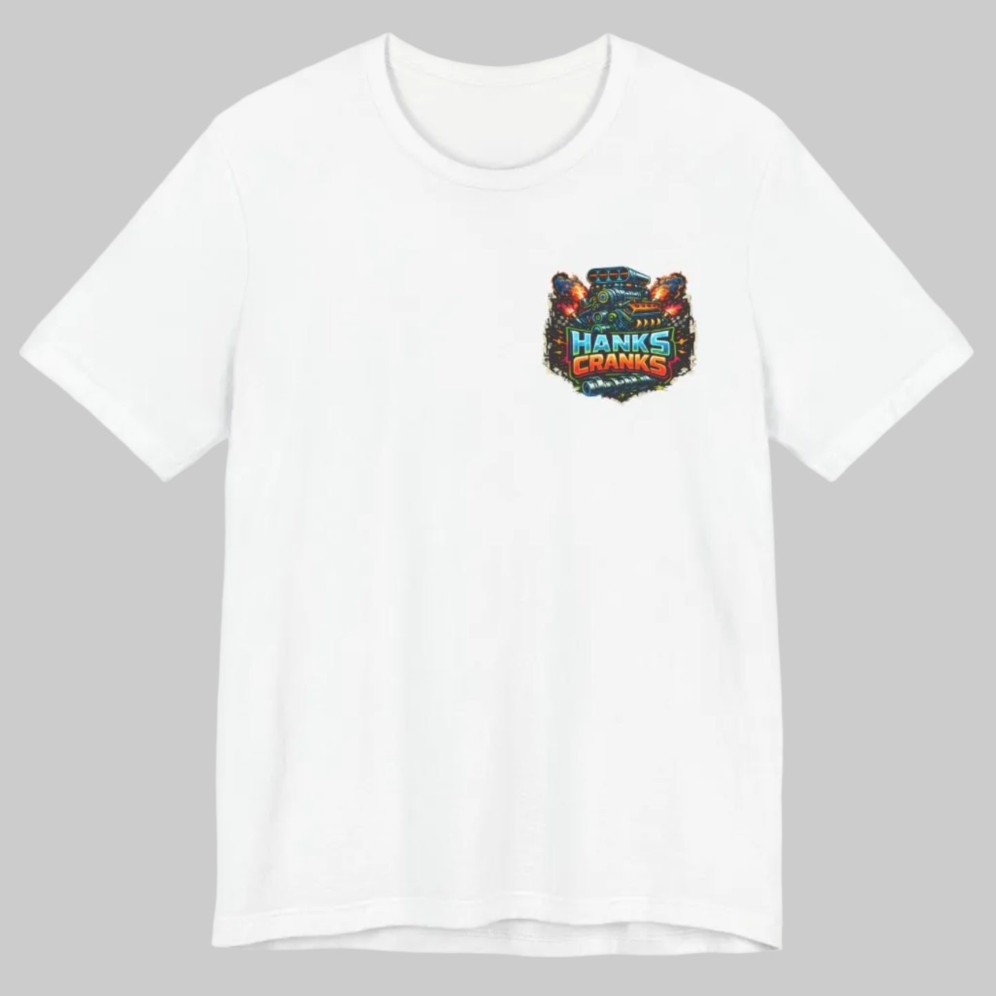 White Hanks Cranks drag racing t-shirt flat lay showing small front logo.