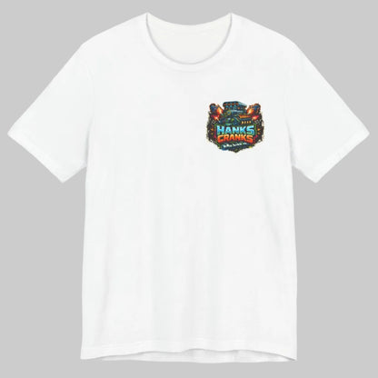 White Hanks Cranks drag racing t-shirt flat lay showing small front logo.