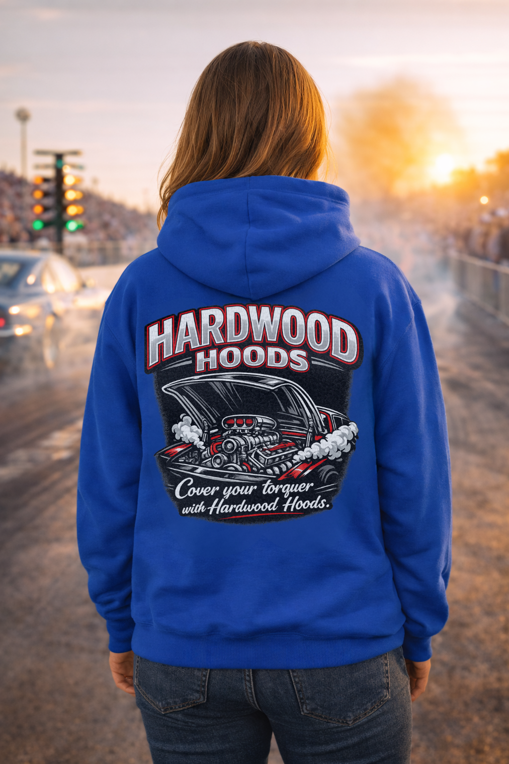 Person wearing a blue hoodie with 'Hardwood Hoods' design on the back, standing on a dragstrip.