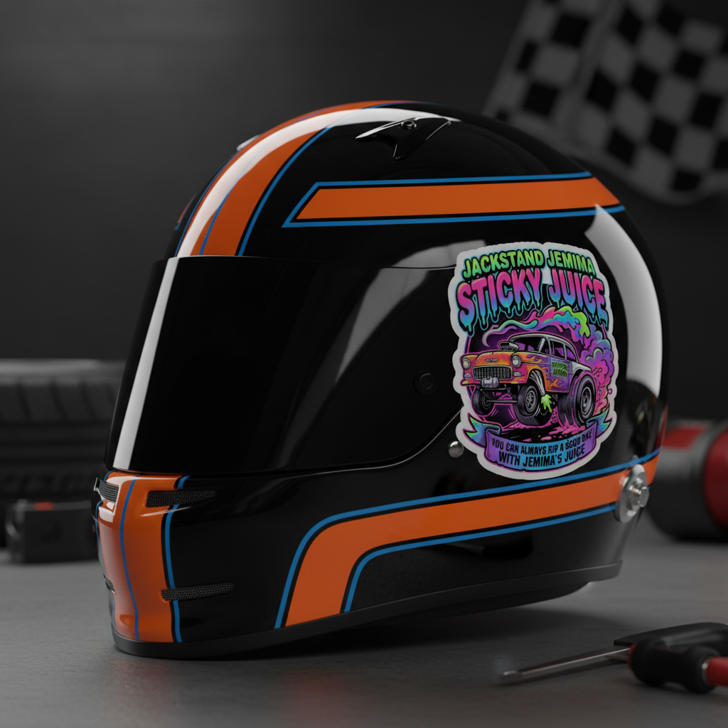 Helmet side mockup 4x4 of 'Jackstand Jemima Sticky Juice' sticker