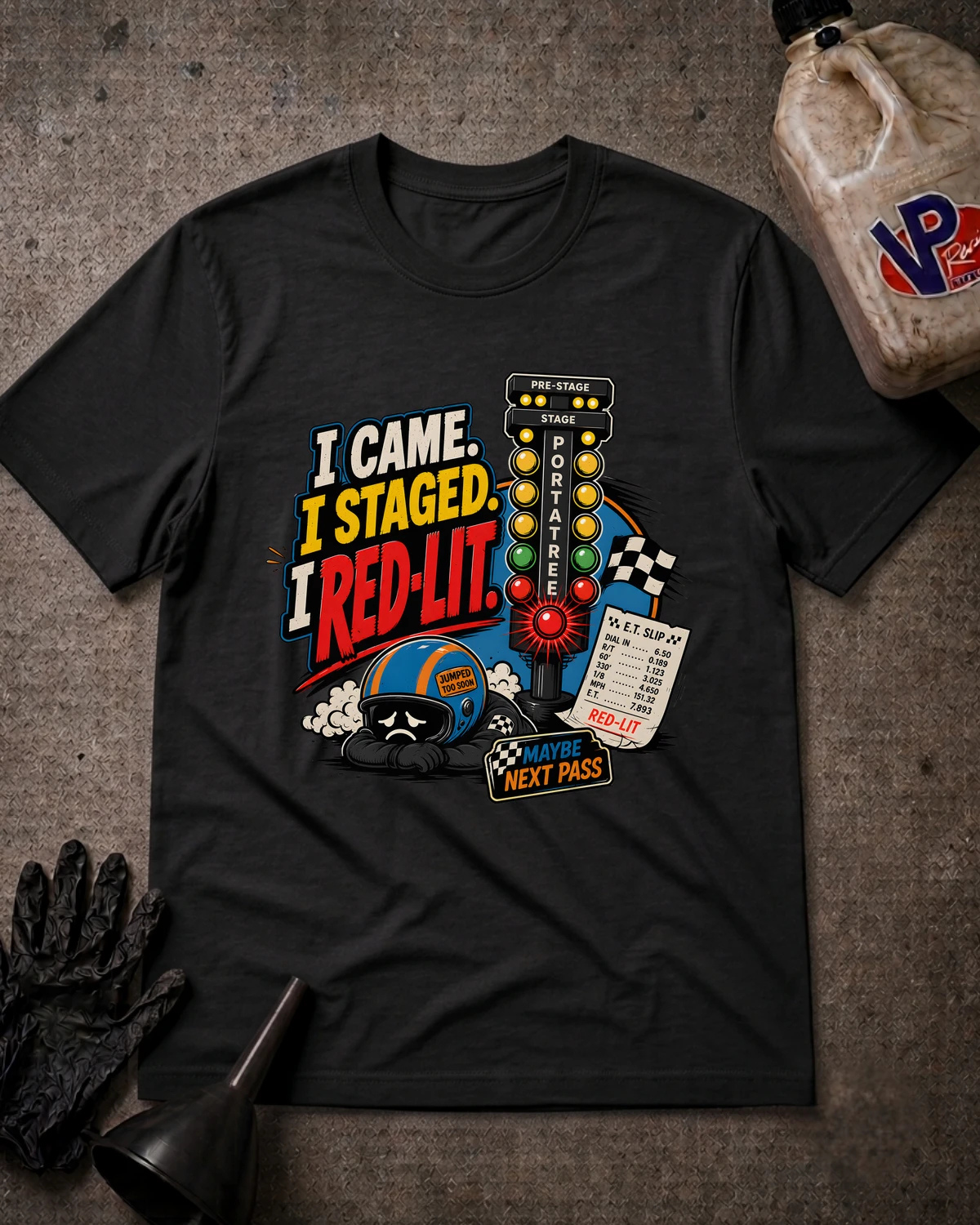 A black graphic t-shirt laid flat on a textured gray surface, surrounded by racing-themed props including a gas bottle, gloves, and a funnel. The graphic features the text 'I CAME. I STAGED. I RED-LIT.'