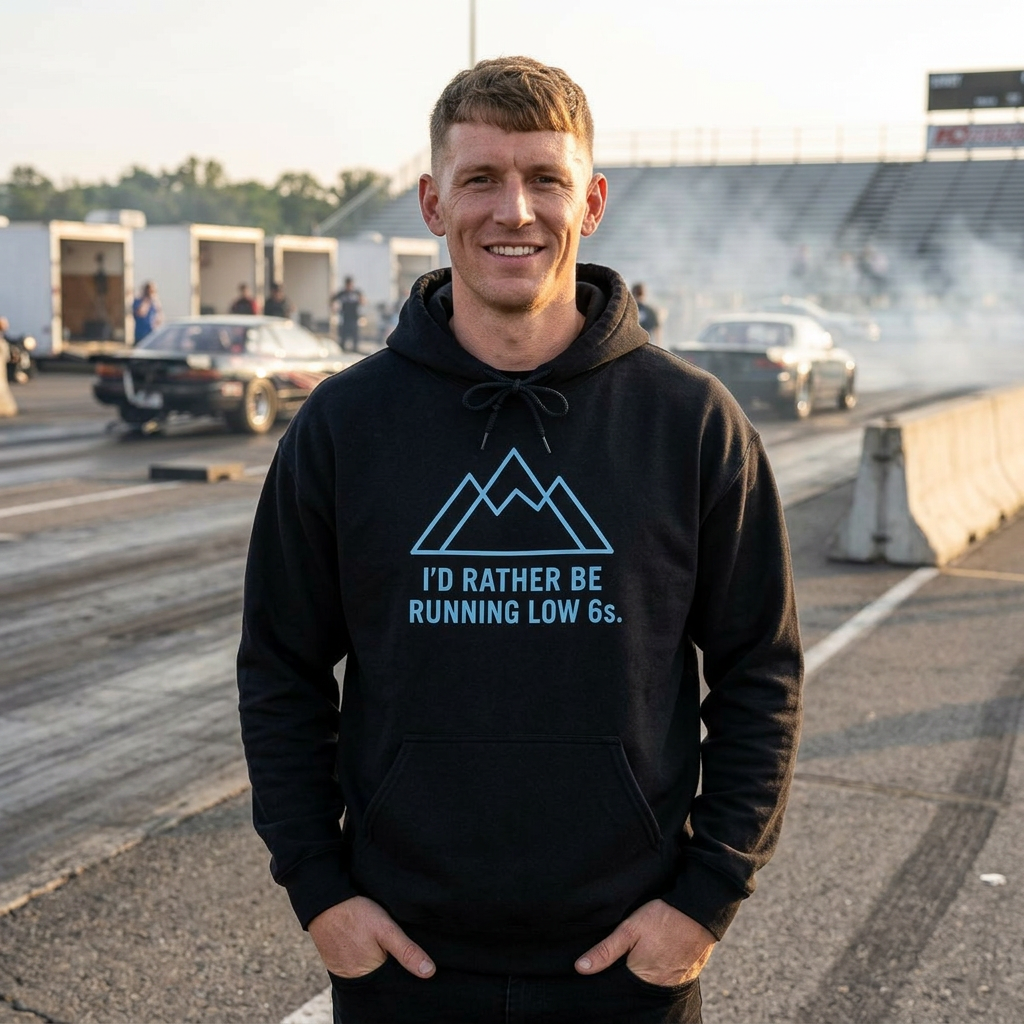 Man wearing a black hoodie with a humorous graphic and 'I'd Rather Be Running Low 6s' text on a race track.