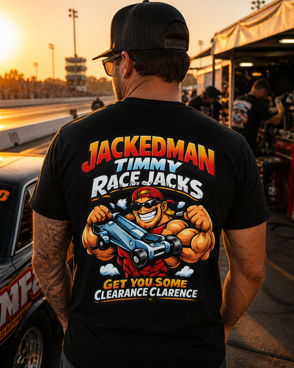 Man standing at a drag strip during sunset wearing a black t-shirt with Jackedman Timmy Race Jacks graphic on the back, featuring a cartoon mechanic holding a car jack and bold racing text.