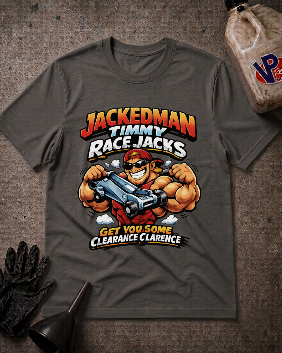 A dark gray graphic t-shirt featuring a cartoon illustration of a muscular race car driver named 'Jackedman Timmy' with the text 'JACKEDMAN TIMMY RACE JACKS' and 'GET YOU SOME CLEARANCE CLARENCE'. The shirt is displayed flat on a textured gray surface with racing-themed props including a black glove, funnel, and a plastic jug in the background.