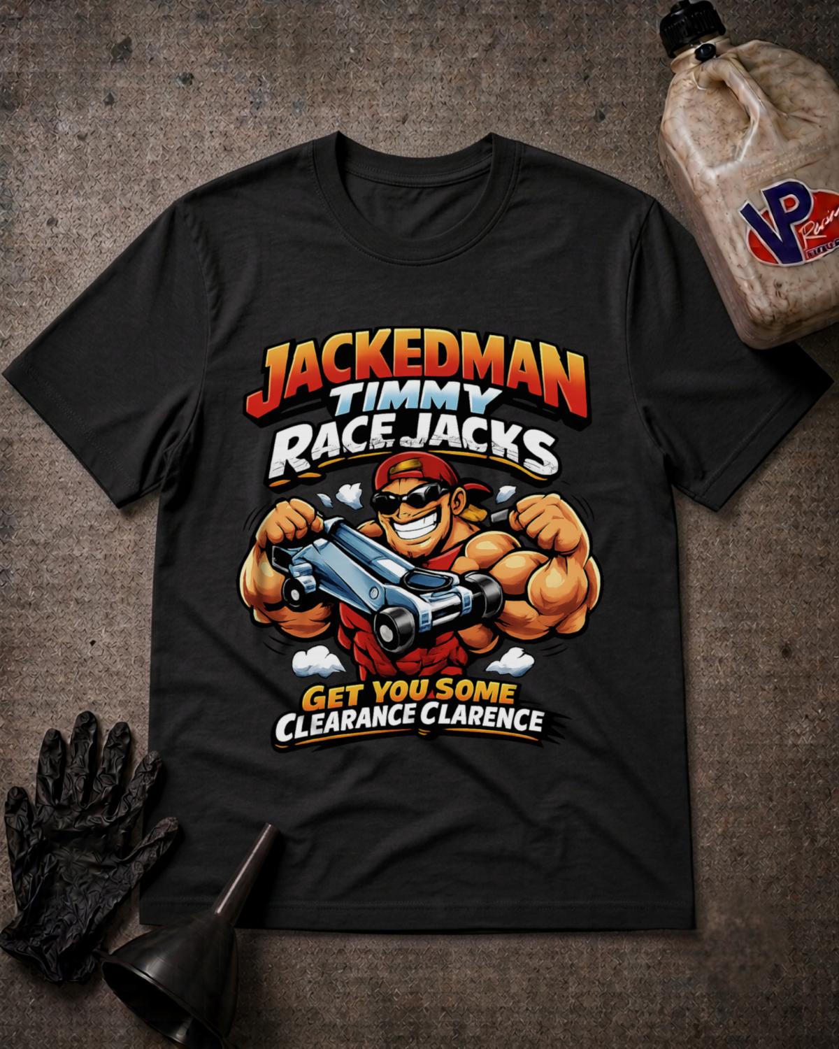 A black graphic t-shirt laid flat on a textured dark gray surface, surrounded by racing-themed props including a black glove, funnel, and a plastic jug. The shirt features a large graphic of a muscular race car driver holding a car jack, with the text 'JACKEDMAN TIMMY RACE JACKS' and 'GET YOU SOME CLEARANCE CLARENCE'.