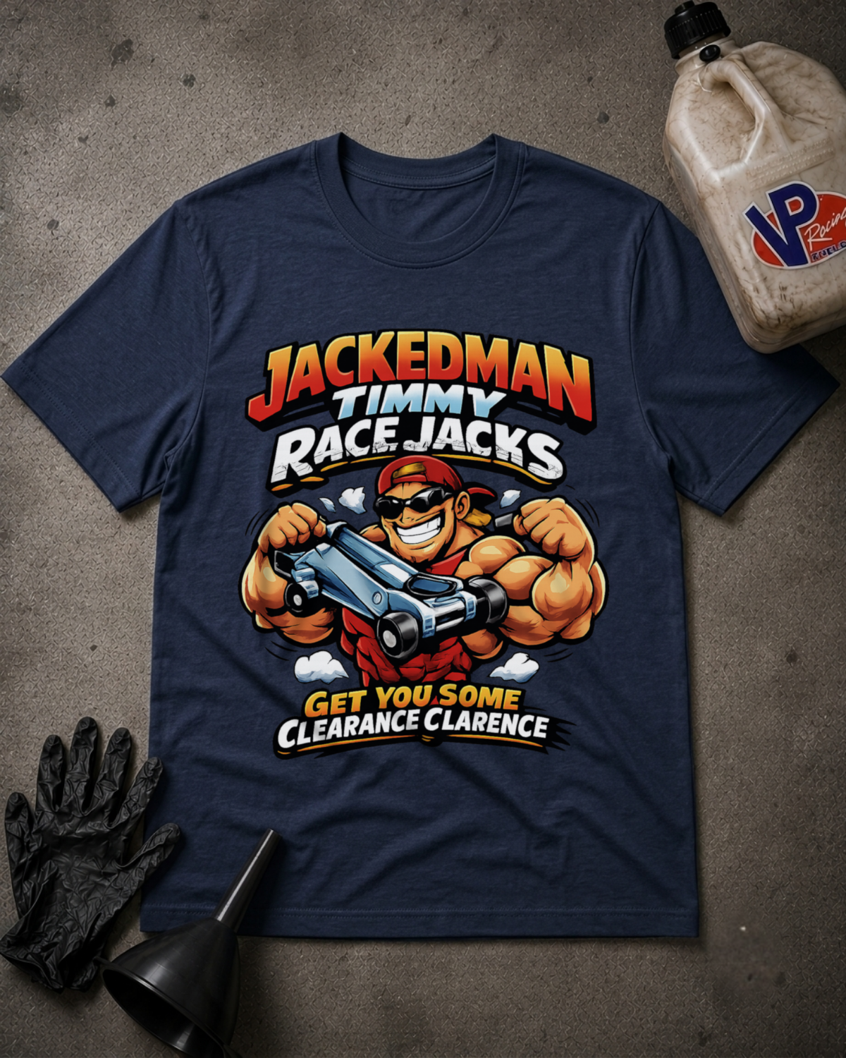 A navy blue graphic t-shirt featuring a cartoon illustration of a muscular race car driver with the text 'JACKEDMAN TIMMY RACE JACKS' and 'GET YOU SOME CLEARANCE CLARENCE'. The shirt is displayed in a flat-lay arrangement on a gray concrete-like surface, accompanied by a black funnel, a black glove, and a plastic jug of VP Racing fluid.