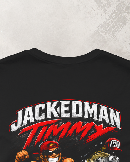 Black t-shirt close up detail shot of Jackedman Timmy graphic