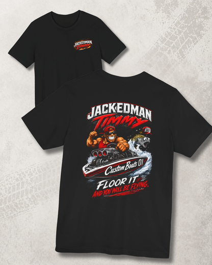 Black t-shirt with 'Jackedman Timmy' graphic design on a textured gray background