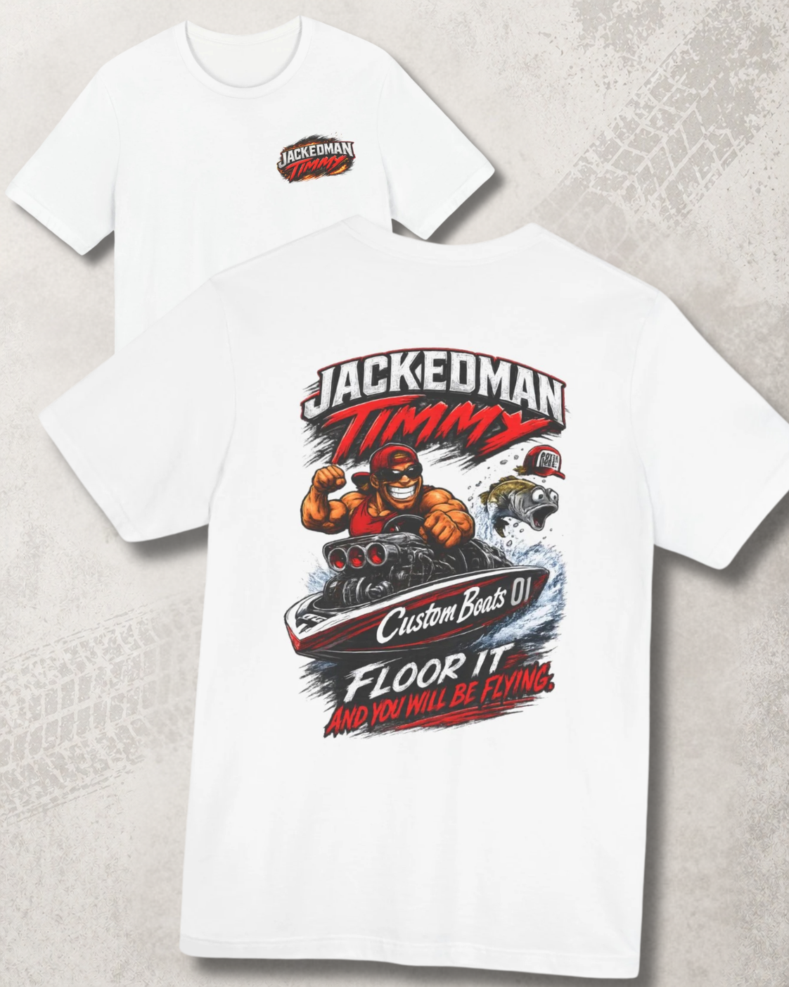 White t-shirt with graphic design and text on a textured gray surface