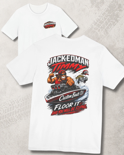 White t-shirt with graphic design and text on a textured gray surface