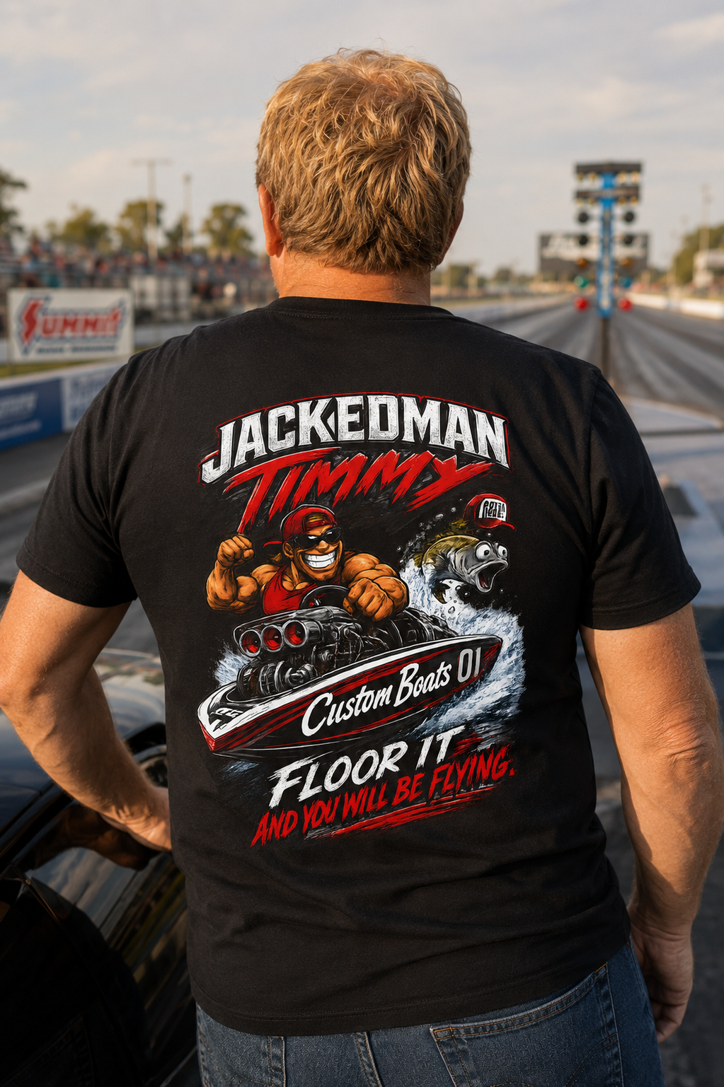 Man wearing a black t-shirt with a graphic design and 'Jackedman Timmy Custom Boats Floor It And You Will Be Flying' text, standing on a racetrack.