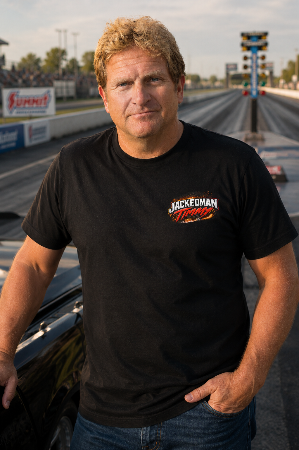 Man wearing a black t-shirt with a 'Jackedman Timmy' logo at a race track