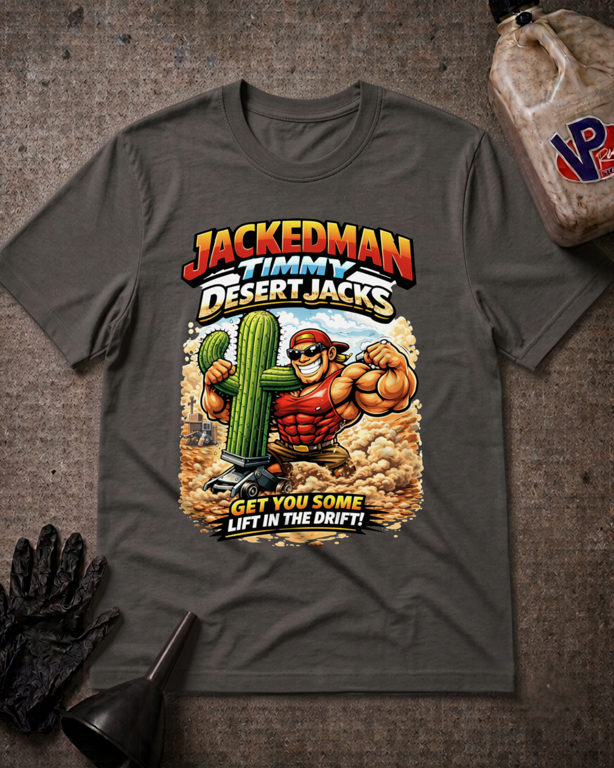 A dark gray graphic t-shirt laid flat on a textured gray surface, styled with a black glove, a funnel, and a plastic jug. The t-shirt features a large graphic of a muscular cartoon character named 'Jackedman Timmy' with a cactus, and the text 'JACKEDMAN TIMMY DESERT JACKS' and 'GET YOU SOME LIFT IN THE DRIFT!'.